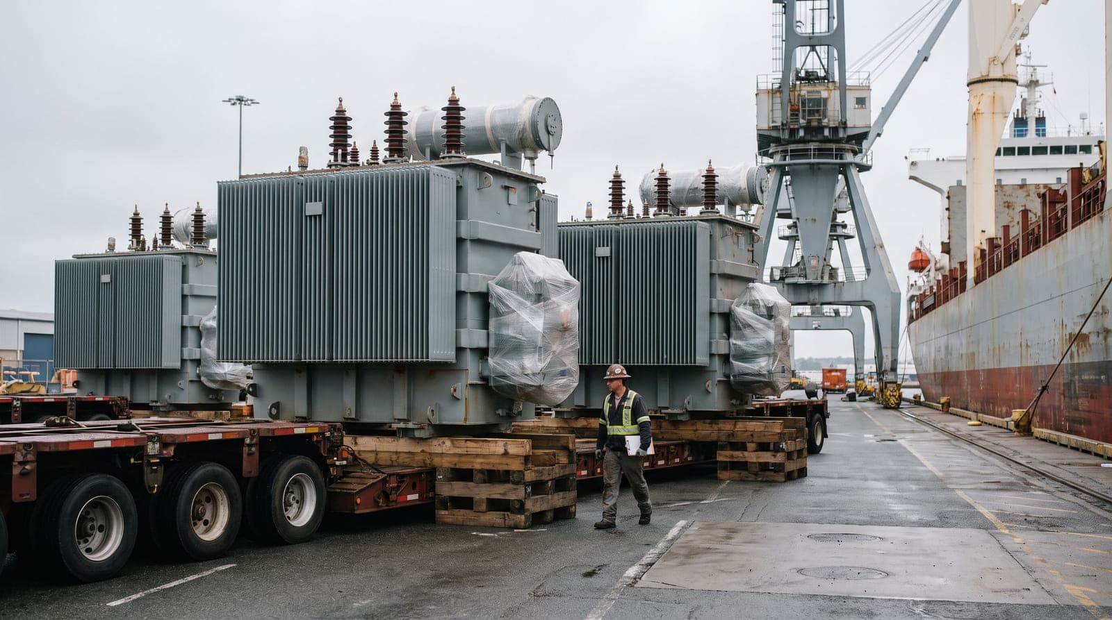Two house-sized power transformers on a port quay beside a heavy-haul trailer, a worker small beside them.