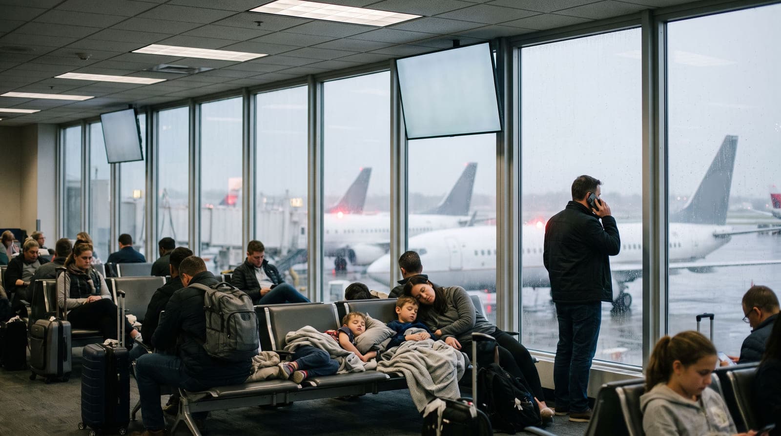 Travellers waiting in an airport departures hall in the evening, a family asleep across a row of seats, jets in the rain beyond the glass.