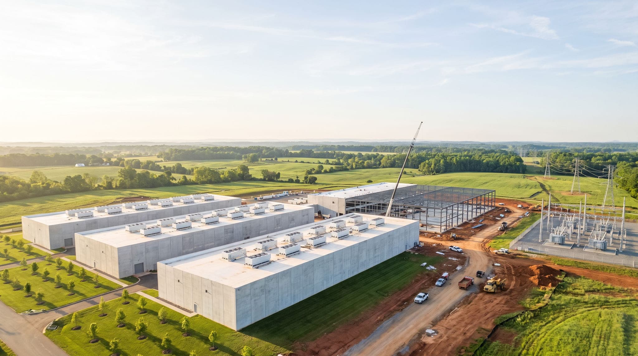A data-centre campus under construction in rural Virginia on a spring morning: three finished halls, a fourth still a steel frame, a crane and a new substation.