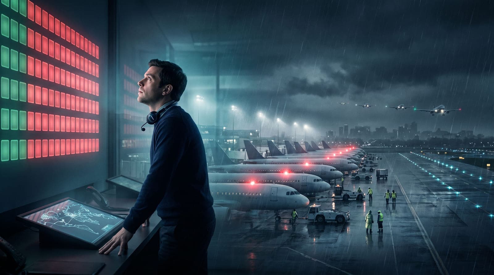 An operations controller before a wall of flight rows turning red, jets held at their gates in the rain beyond.
