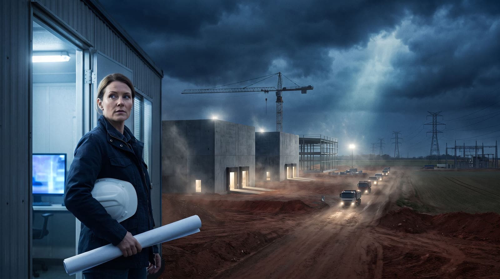 A project lead at the door of a site trailer at dusk, a data-centre campus rising behind her under a storm.